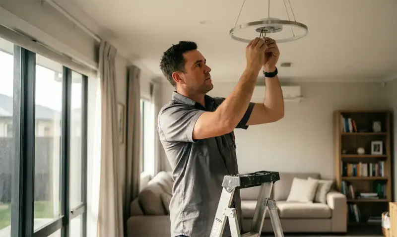 Electrician installing a ceiling light fitting in a Whangārei home